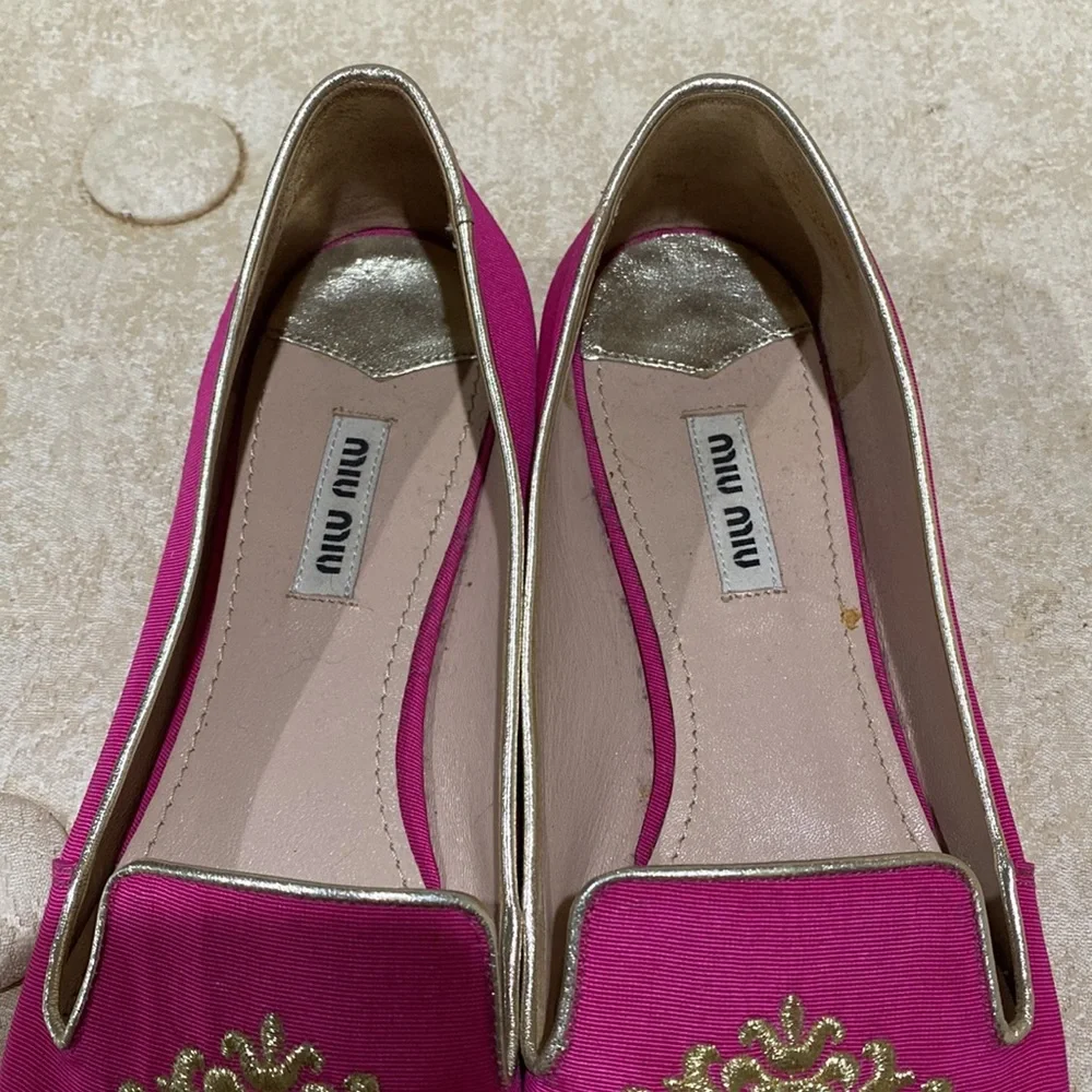 Miu Miu Pink Satin Embroidered Loafers SIZE 38.5